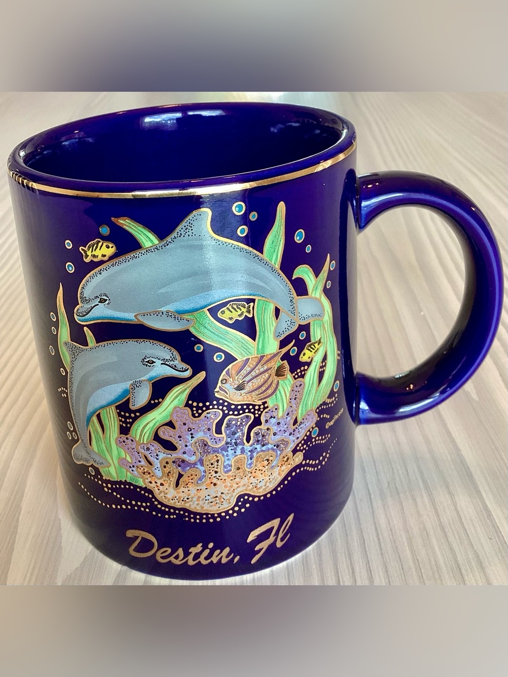 Vintage 90s Agiftcorp Cobalt Blue Dolphin Mug Coffee Cup Destin Florida Mint